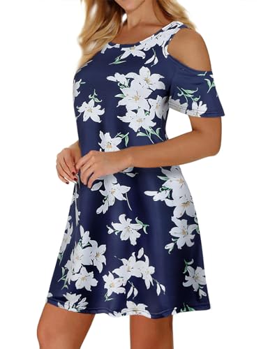 Misyula Tshirt Dress for Women,Elegant Cold Shoulder Short Sleeve Bohemian Dresses with Pockets Ladies Date Party Beach Hawaiian Hanging Out Daily Wear,Lily,S