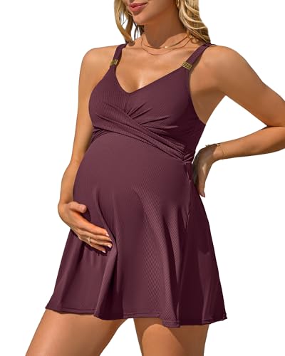 Charmo Supportive Maternity One Piece Swimsuit with Skirt Ribbed Ruched Pregnancy Swimdress Modest Bathing Suit Fuchsia XL