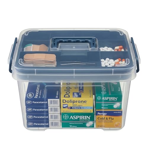 Pulseplay Clear Medicine Organizer Box with Handle Medicine Cabinet Organizer with Removable Tray First Aid Box Empty for Home Travel Outdoor (Blue)