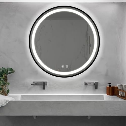 HiHomely 32 Inches Bathroom Led Vanity Mirror – Black/Silver Aluminum Frame, High Lumen Dimmable Touch & Wall Switch Control,-Fog Backlit Mirror for Modern Bathrooms (Black and Silver)