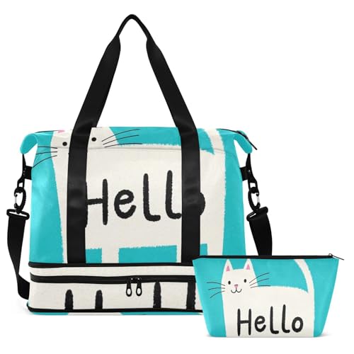 Hello Cartoon Cute White Cat Large Travel Duffel Luggage Gym Bag with Adjustable Strap for Business Trips Multifunctional2