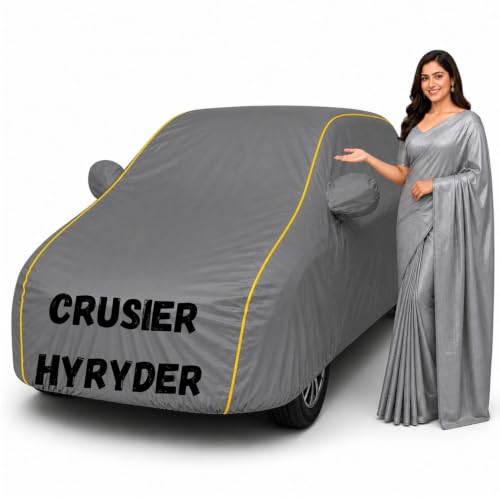 Image of Waterproof Car Body Cover for Crusier Hyryder All Weather Protection Comes with Inner Cotton Lining & Triple Stitched with Mirror & Antenna Pocket Belt & Elastic Fit Grey with Yellow Piping