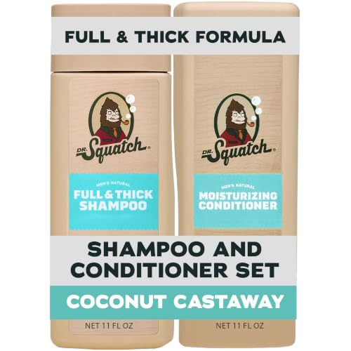 Dr. Squatch Full + Thick Mens Shampoo and Conditioner Set - For Fuller Thicker-Looking Hair - Natural Shampoo and Conditioner for Men - Coconut Castaway (11 fl oz 2-Pack)