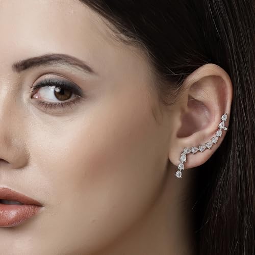 Image of ZENEME Rhodium-Plated Silver toned Brass White Floral Vine Ear Cuff Earrings for Women & Girls Crystal Ear Climber Contemporary Jewellery