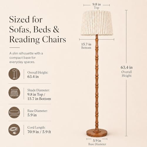 Image of Real Wood Floor Lamp with Dual Lampshades, Sculptural Spindle Standing Lamp with Foot Switch, Modern Farmhouse Dimmable Floor Lamp for Living Room, Bedroom, Reading Corner & Cozy Home Decor