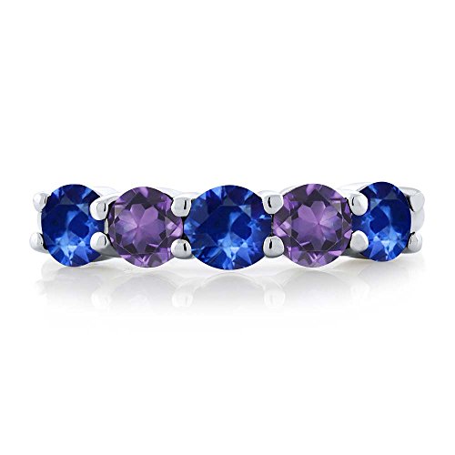 Gem Stone King 925 Sterling Silver Blue Sapphire and Purple Amethyst Wedding Band Ring For Women (1.02 Cttw, Round 3.5MM, Gemstone September Birthstone, Available In Size 5, 6, 7, 8, 9)3