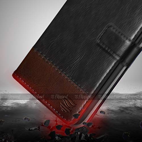 Image of FLIPPED Vegan Leather Flip Case Back Cover for iQOO 9 SE 5G (Flexible, Shock Proof | Hand Stitched Leather Finish | Card Pockets Wallet & Stand | Black with Brown)