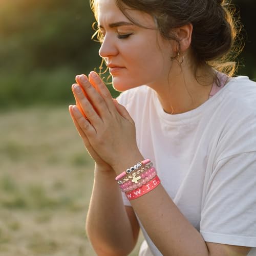 WWJD Bracelet Set for Women Men Adjustable WWJD Wristbands Christian Cross Bracelet Stackable Boho Clay Bead Bracelets Stretch Glass Beaded Inspirational Christian Jewelry Gift2