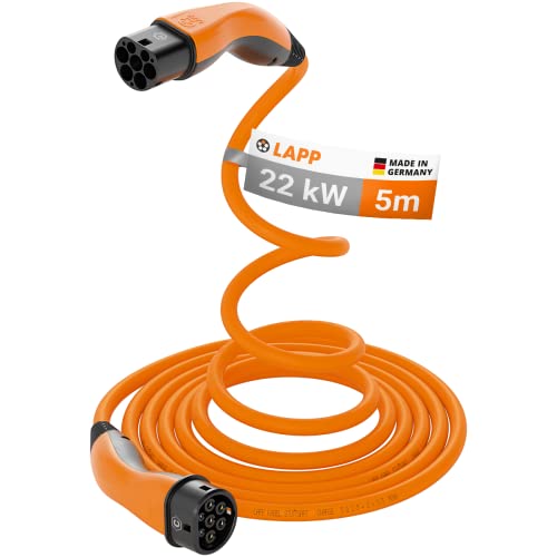 Lapp Mobility Cable Carga Coche Electrico Tipo 2, 22kW, 32A, Autorretráctil, Trifásico, Modo 3 - Cable Recarga EV Rapida - para Casa Wallbox y Estacion De Carga Coche, 5m Naranja