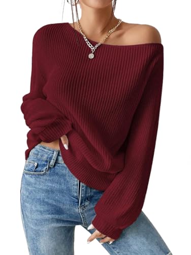 SKAYS Pull à épaules dénudées pour Femme - Col asymétrique - Tricot côtelé - Manches Longues - Haut léger, Bordeaux, Taille M