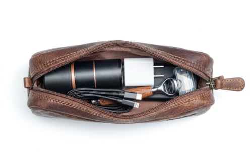Image of Calfnero Genuine Leather Toiletry Bag for Men & Women | Premium Leather Travel-Pouch | Toiletry Organizer | Cosmetic & Shaving Kit Bag | Unisex Travel Dopp Kit (Brown)