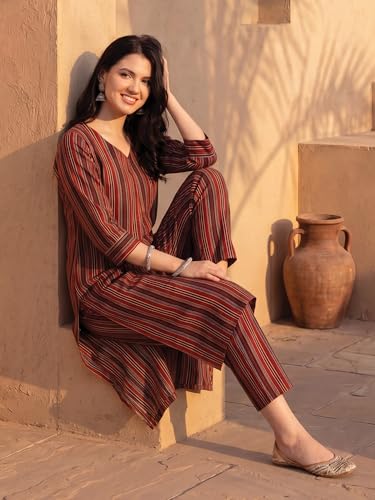 Image of INDO ERA Women Pure Cotton Striped Printed Kurta & Pant Set |Cord Set For Women Cotton