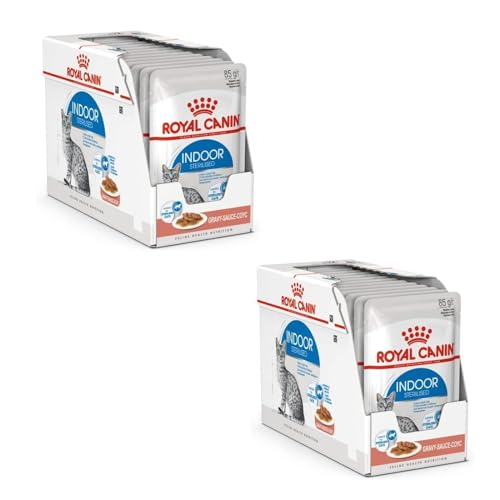 Royal Canin Indoor Sterilised en Salsa | Paquete Doble | 2 x 12 x 85 g | Alimento Completo para Gatos Adultos Que Viven en Interior | para Gatos esterilizados | Bocaditos en Salsa
