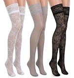 ValueBargain 3 Pairs Knee High Lace Socks, Lace Knee High Socks for Women with Laces Trim & Fishnet Mesh, over Knees Boot Sock for Lolita Fashion, Black/White/Grey