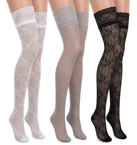 ValueBargain 3 Pairs Lace Knee High Socks for Women, Knee High Stockings with Laces Trim & Fishnet Mesh, over Knees Boot Socks for Lolita Fashion, Black/White/Grey