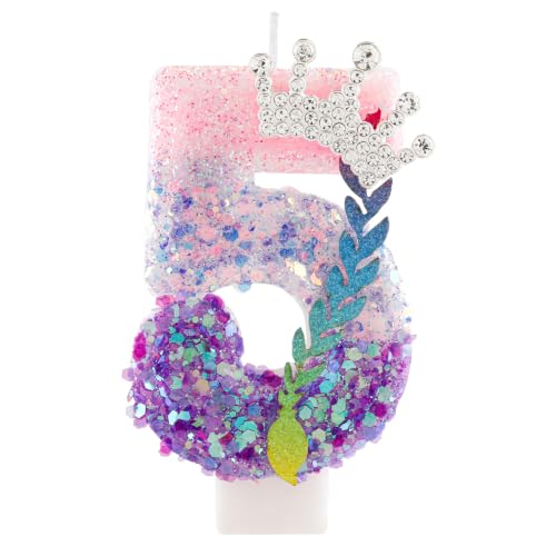 Hongplus Princess Birthday Number Candles,Purple Pink Crown Birthday Candles for Cake,Glitter Sequins Number 5 Candle Cake Topper for Kpop Frozen Theme Birthday Anniversary Party Decorations Supplies