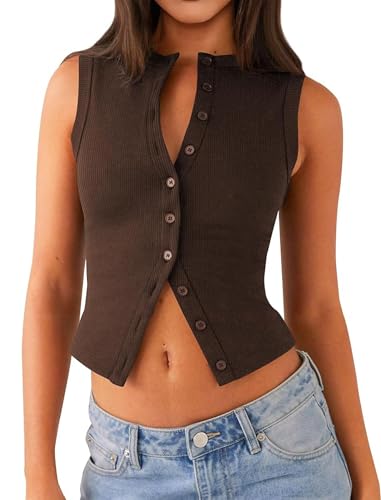 Matunana Womens Going Out Tops Summer Ribbed Tank Sexy Crop Cute Y2K Button Down Sleeveless T Shirts Casual Basic Tee Trendy Fashion Outfits Spring Clothes 2026 Coffee S