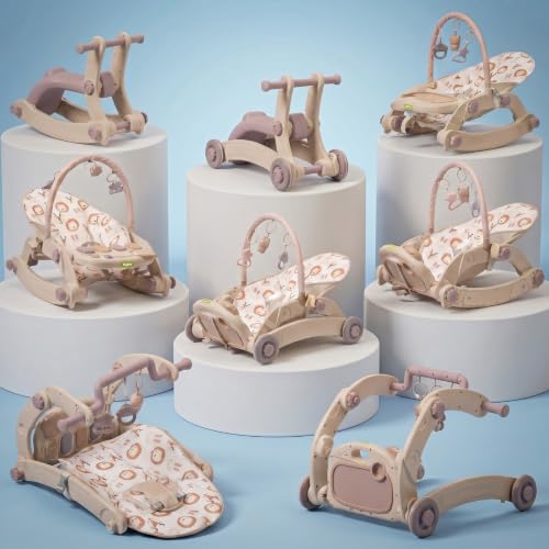 Image of Baybee 8 in 1 Rocker for Babies with Music Toy Bar, Soft Fabric, Food Tray, Tool Free Installation | Multi-Function Push Walker, Ride-On, Play Gym & Rocking Chair | Baby Bouncers & Rockers for 0-3 Years (Beige & Purple)