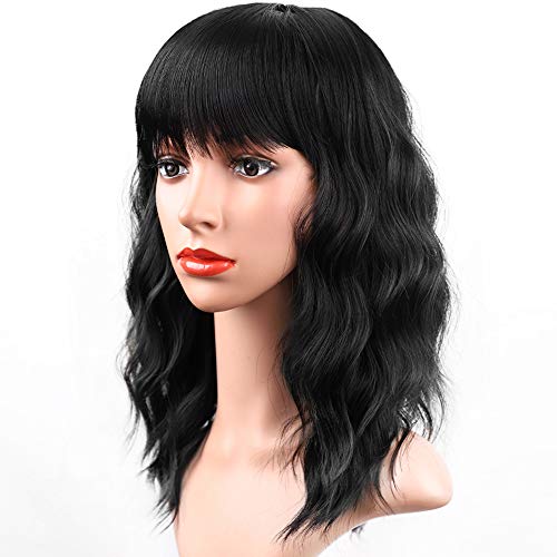 Vigorous Short Wave Wigs With bangs Black Wavy Wig Natural Looking Shoulder Length Bob Synthetic Wig for Girl 14 Inches (Black)