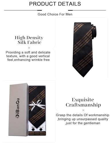 Image of DiBanGu Plaid Ties for Men Silk Checkered Necktie and Pocket Square Cufflinks Tie Clip Set with Gift Box for Wedding Business