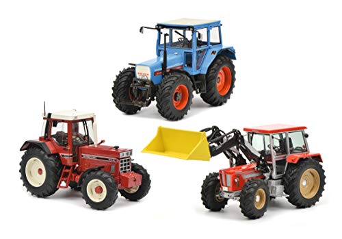 Schuco 450765900 - Set tractorleggen, 1x IHC 1255 XL, 1x Eicher 3125, 1x Schlüter m. Frontl., modelauto set, 1:32, in houten kist met schuimrubberen inleg