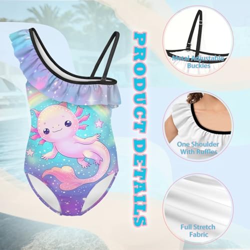Image of WELLFLYHOM Axolotl Girls One Piece Swimsuits 3-14 Ruffle One Shoulder Bathing Suits Full Coverage Beachwear
