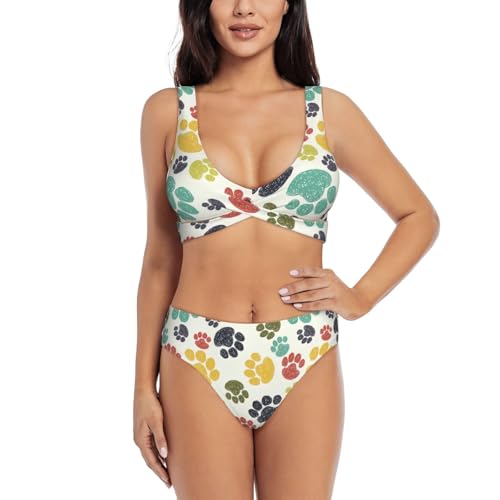 Bikini de dos piezas con cuello en U y estampado de huellas para mujer 2