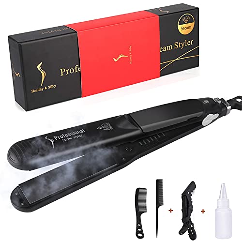 Steam Straighteners for Hair, Professional Salon Ceramic Tourmaline Steam Flat Iron Hair Straightener, Dual Voltage 2 in 1 Straightening Curling, LED Display with Adjustable Temp