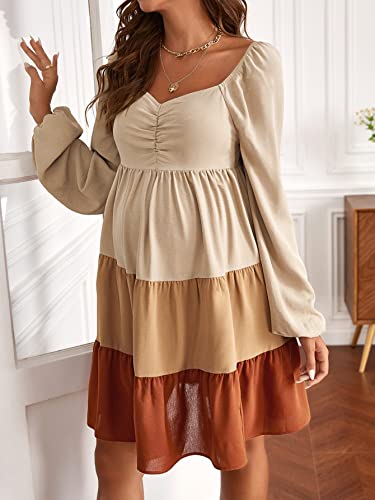 Oyoangle Women's Long Sleeve Maternity Dress Pregnancy Sweetheart Neck Ruched Front Colorblock High Waist A Line Dress Multicolor Xxl #TOP2
