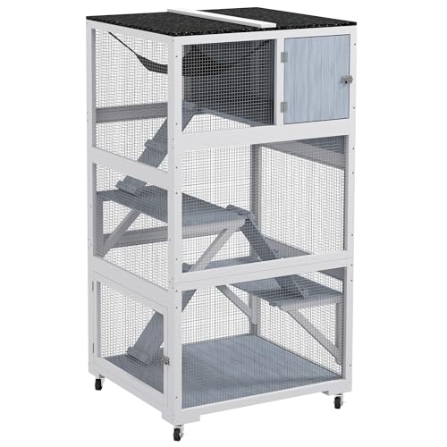 PawHut Catio, Outdoor Cat Enclosure House, Wooden Feral Cat Shelter on Wheels, Cat Cage with Hammock, Platforms Ramps, and Weather Protection Asphalt Roof, 34