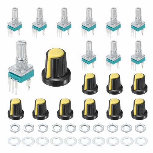 Image of sourcing map 10pcs RK097N B10K Potentiometer, 3Pin Single Linear Rotary Seal Amplifier Logarithmic Potentiometers 15mm Knurled Shaft with Yellow AG2 Plastic Knob Vertical for Audio Amplifier