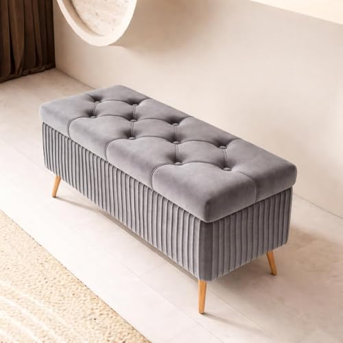 Modern Velvet Unpholstered Flip Seat Storage Bench 2 Seater Sofa ...