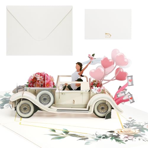 APOMOON Cartão de casamento 3D Pop Up com envelope, cartão de felicitação feito à mão carro de casamento com a noiva e o noivo para o dia dos namorados aniversário de noivado, 15 x 20 cm