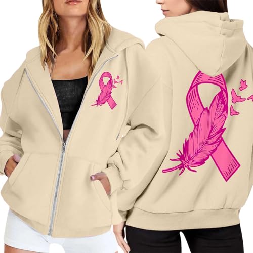 Sweat à Capuche zippé Polaire Femme Octobre Rose pour vos marches de Sensibilisation Cancer Sein