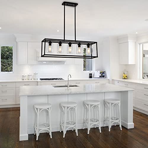 Hccz 5 Light Dining Room Light Fixture Black Farmhouse Chandelier Over Table Kitchen Island Pendant Lighting Rectangle Modern Industrial Living Room Hanging Lights Adjustable Height #TOP2