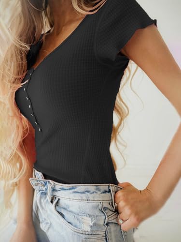 Women's Short Sleeves Snap Button Down Blouses Stretchy Waffle Knit Basic Crew Neck Henley Shirts4
