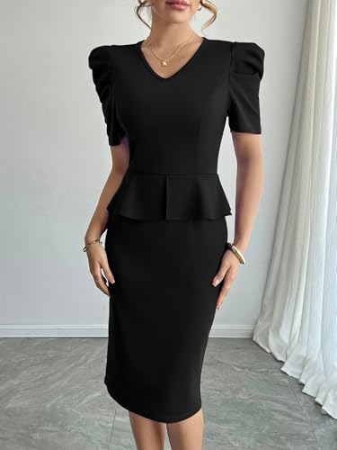 Image of Womens Summer Puff Sleeve V Neck Peplum Church Business Work Pencil Dresses