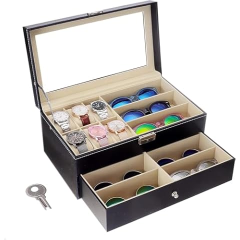 Flytianmy Leather Watch Box and Sunglass Glasses Case Organizer and Jewelry Case Display Drawer Lockable Case Organizer Black Cover