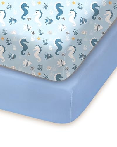TotChill Pack and Play Sheets Fitted, Seahorse+Blue, Soft and Stretchy, Hypoallergenic and Safe, 2 Pack for Mini Crib and Pack N Play