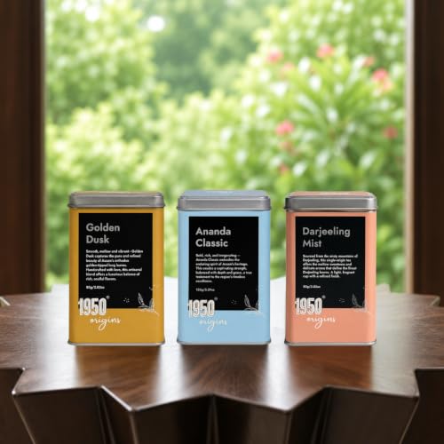 Image of 1950 Origins Premium Black Tea Combo Pack of 3 | Darjeeling Mist Orthodox Long Leaf 80g, Golden Dusk Assam Whole Leaf 80g & Ananda Classic CTC Tea 150g | Rich Aroma & Bold Taste For Gifting & Daily Brew