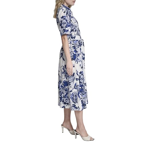 Image of DKNY Women's Short Sleeve Cotton Poplin Collared Midi Shirtdress