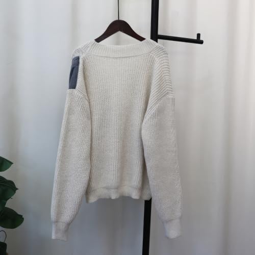 ebossy Womens Spliced Denim Knit Cardigan Trendy Open Front Button Up Oversized Loose Sweater Coat with Pockets2