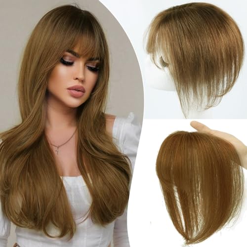 Unipearl Real Human Hair Topper with Bangs 360° 3D Cover Toppers for Women Remy Human Hair Pieces for Women with Thinning Hair Straight Clip in Bangs with Topper(Light Brown 6, 8inch)