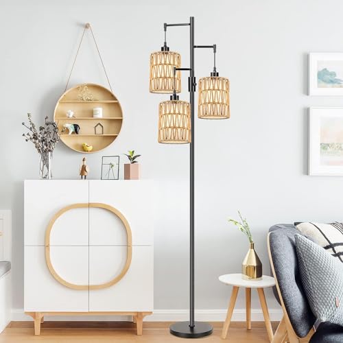 Image of ZECOXOL Boho Floor Lamp for Living Room Bedroom-3 Light Dimmable Floor Lamp with Three Led Bulb, Rustic Tall Lamp Black Standing Lamp Tree Floor Lamps for Living Room Bedroom,Office,Corner
