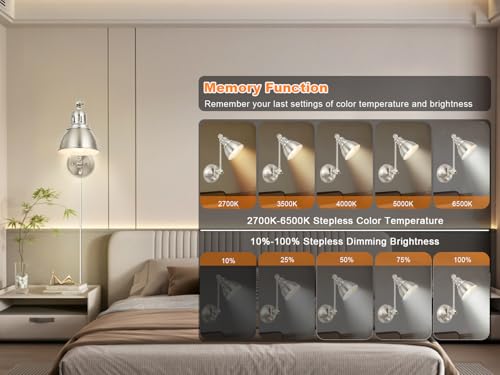 Image of 2 Pack Plug in Wall Sconces with Remote Control, Dimming, Adjustable Colors 2700K-6500K, Swing Arm Wall Lamps with Night Light & Timer, Plug-in or Hardwired, LED Bulbs Included, Brushed Nickel