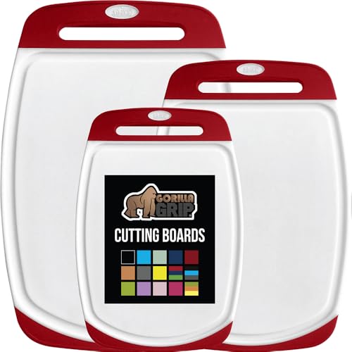 Comparison: Best Cutting Board Set 8 GORILLA GRIP BPA-Free Reversible Kitchen Cutting Board Set of 3, US Designed, Nonporous, Juice Grooves Catch Liquid, Slip Resistant Border, Durable Food Chopping Boards, Christmas Kitchen Decor, Red