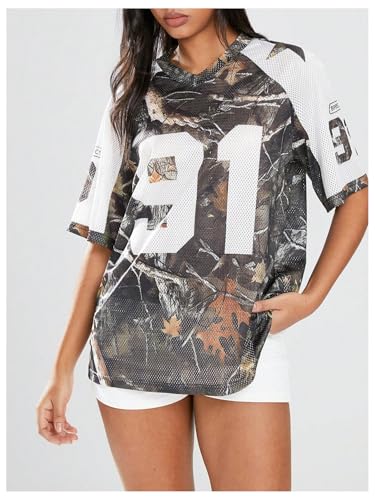 Verdusa Women's Oversized V Neck Jersey Shirt Camo Leaf Print Graphic T Shirt3