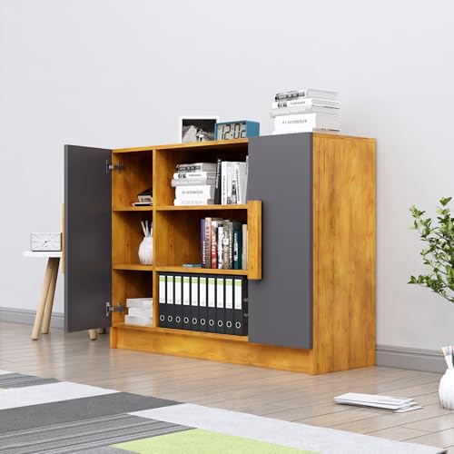 Image of Bniture Storage Cabinet Wooden Sideboard for Living Room with 3 Shelf and 2 Door Multipurpose Book Shelf Storage Organizer Cabinet for Office Home Hallway Drawing Room Bedroom |Giant Wood & Slate Grey