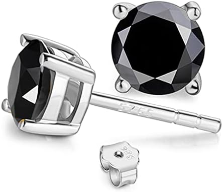JIANGXIN Solitaire Round Black Onyx 925 Sterling Silver Stud Earrings Platinum Plated Fine Jewelry for Men Boys 8mm