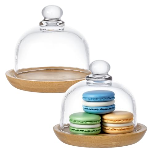 NBEADS 2 Pcs Glass Dessert Dome with Base, Mini Bamboo Cake Cloche Dome Display Cases Bell Jars Cloche Glass Display Server Tray for Kitchen Birthday Party Wedding, 8cm Diameter